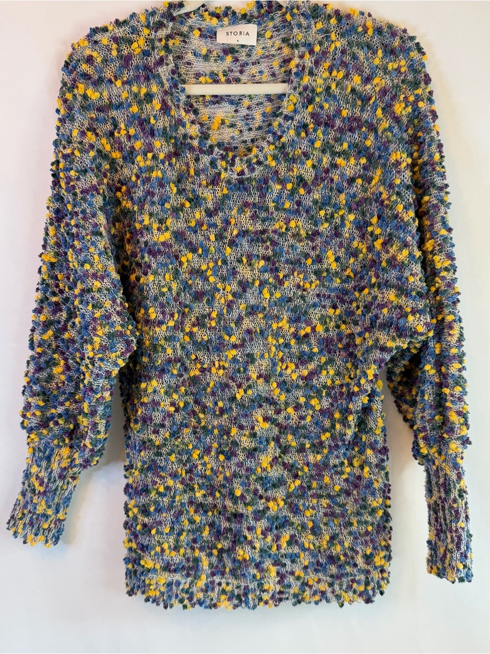 Storia Sweater Womens Medium Confetti Knit Lightweight Puff Sleeve Crew